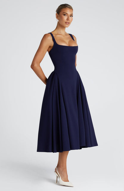 Women navy square neck midi dress, side view