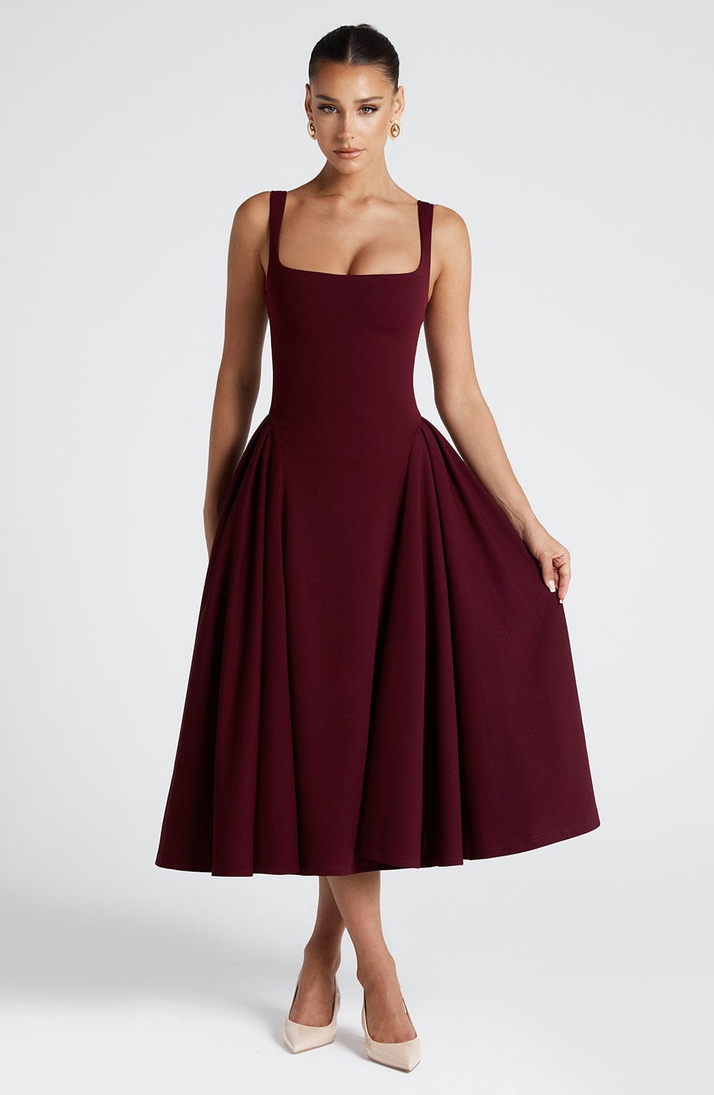 Women square neck midi dress, back view