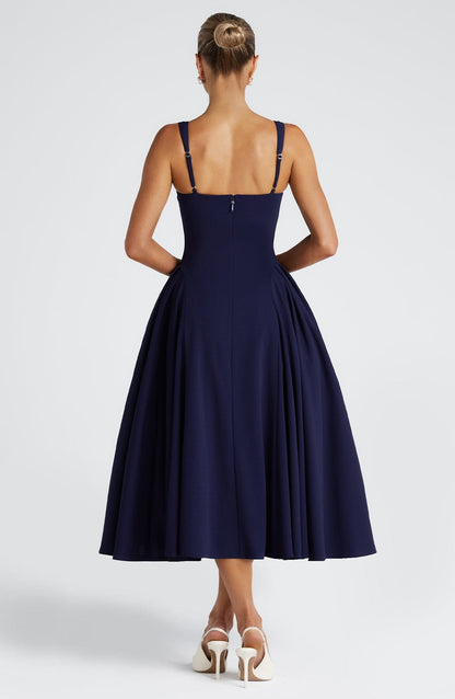 Women navy square neck midi dress, side view