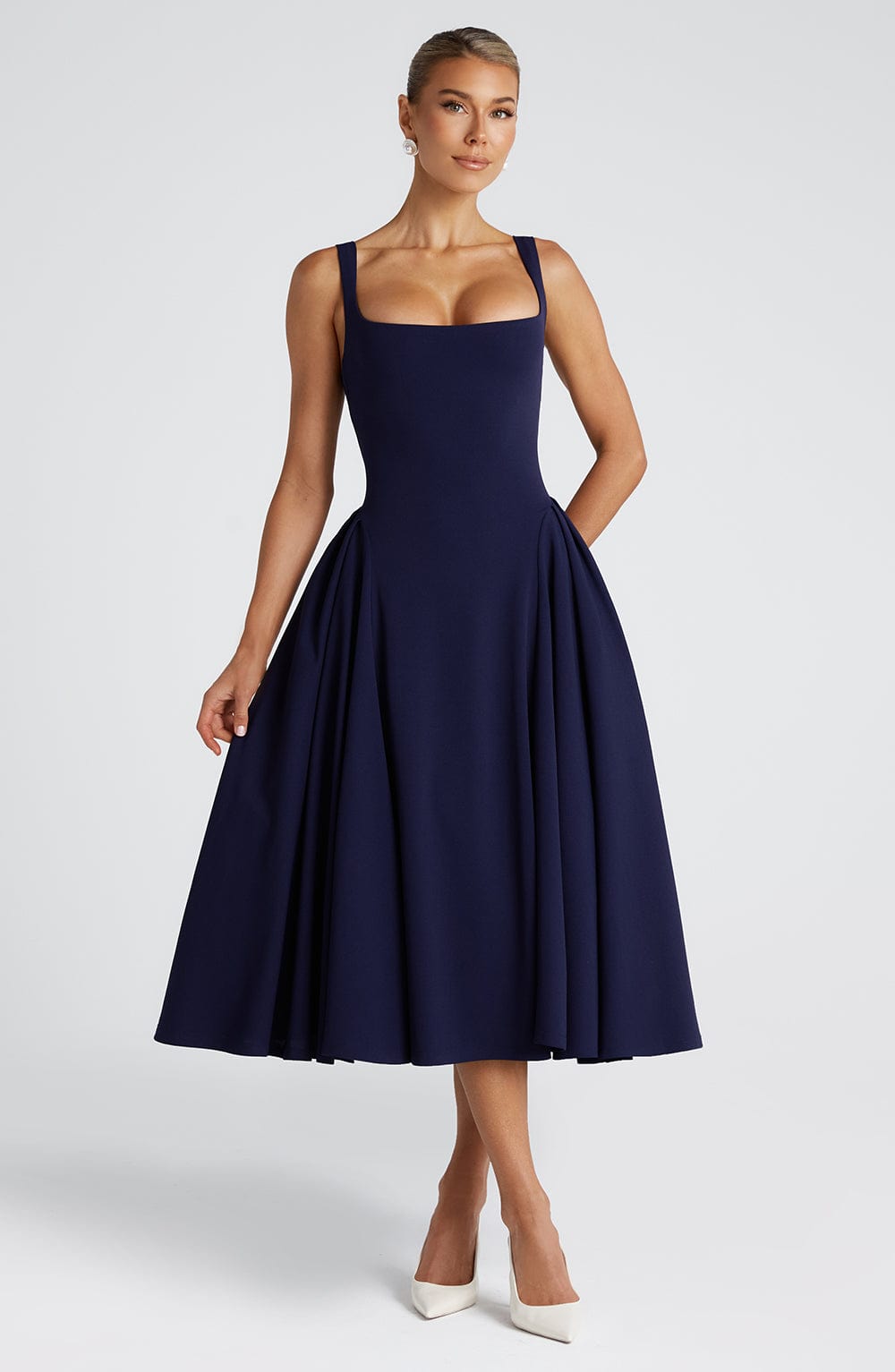 Women navy square neck midi dress, front view