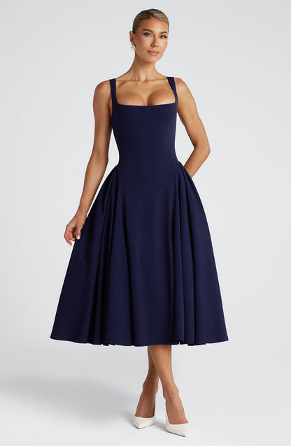 Women navy square neck midi dress, front view