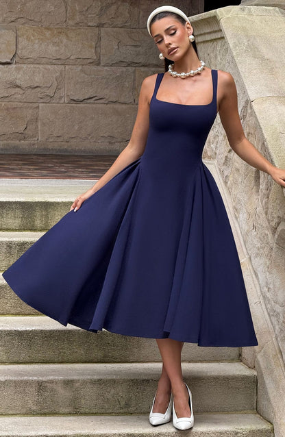 Women navy square neck midi dress, side view