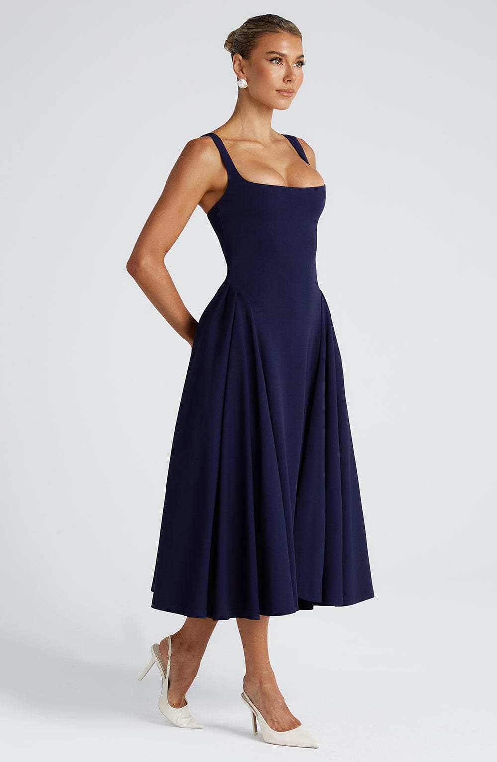 Women navy square neck midi dress, front view