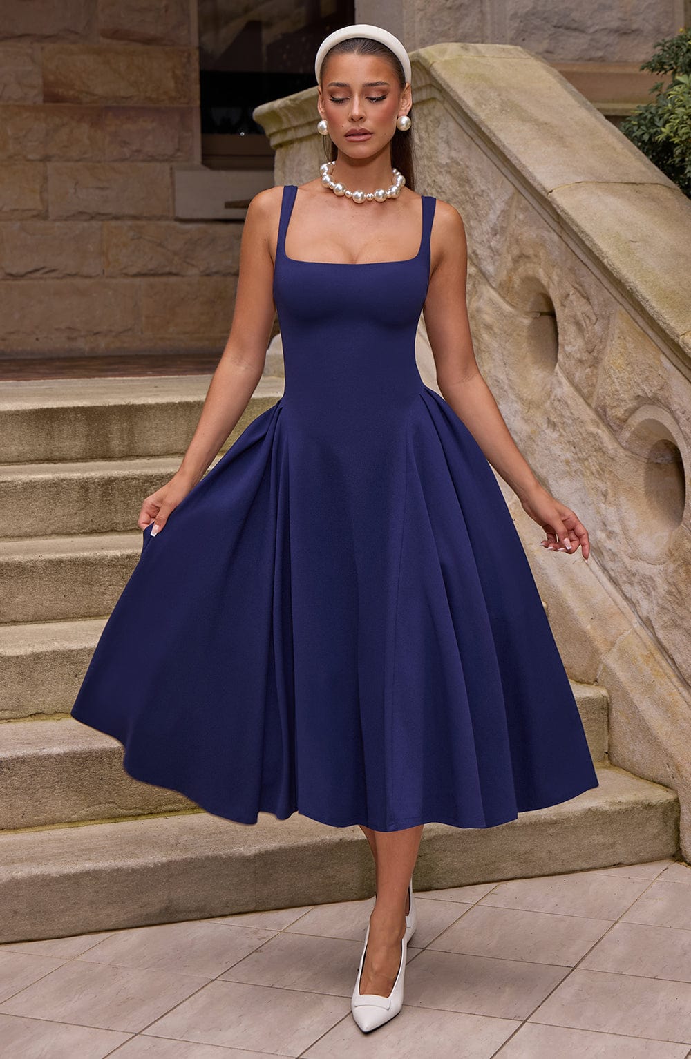 Women navy square neck midi dress, front view
