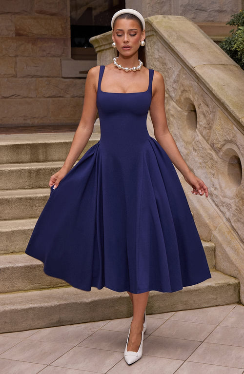 Women navy square neck midi dress, front view