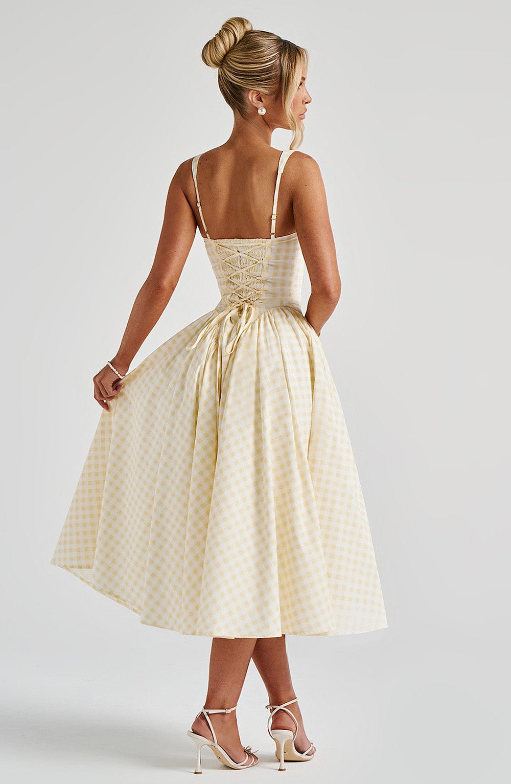 Women square neck midi dress, back view