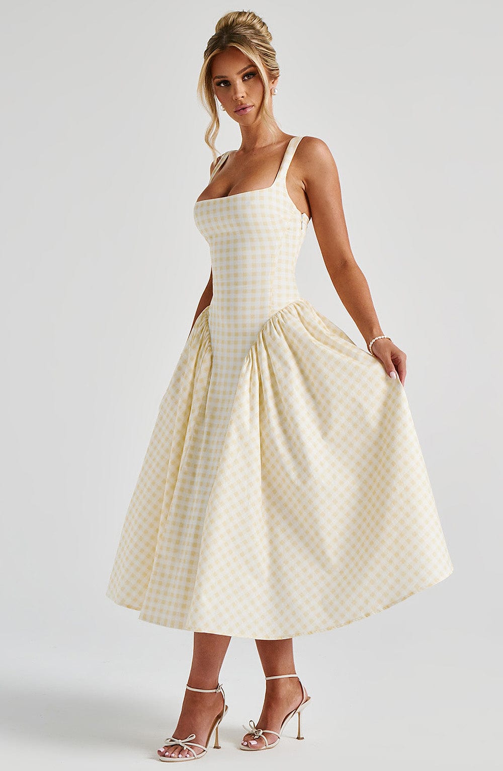 Women square neck midi dress, side view
