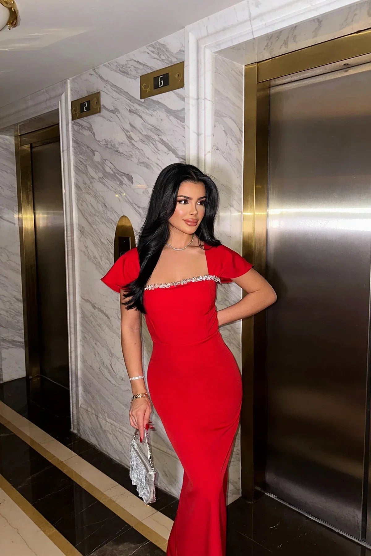 Keira Square-Neck Maxi Dress in Red