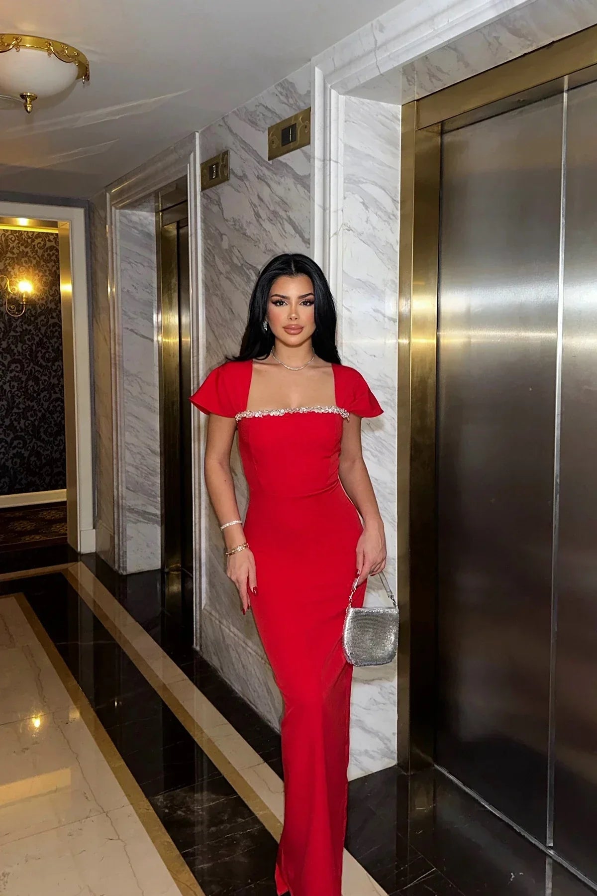 Keira Square-Neck Maxi Dress in Red