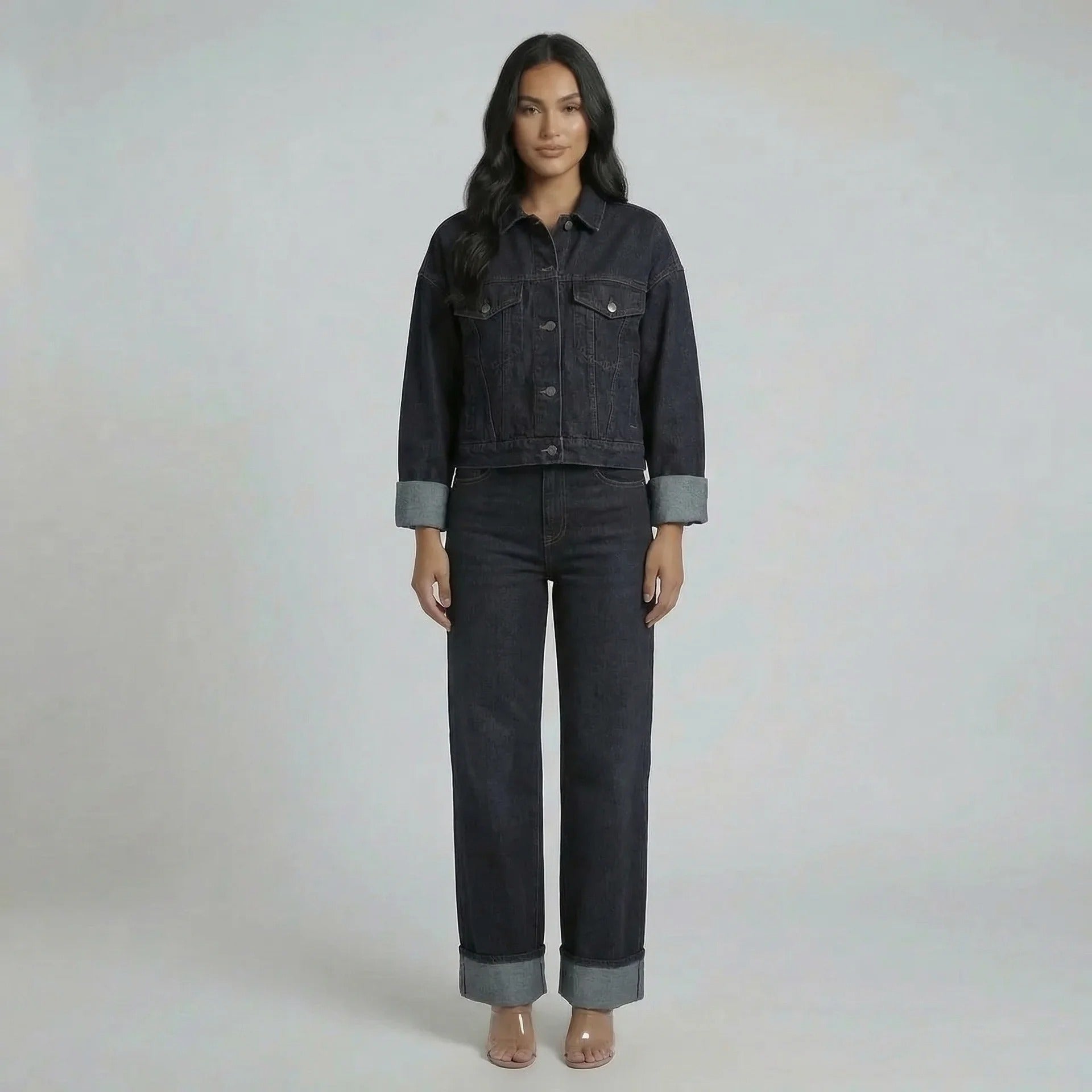 Dark wash navy cropped denim jacket with oversized sleeves and matching wide-leg jeans.