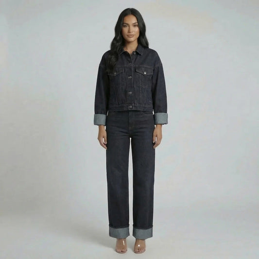 Dark wash navy cropped denim jacket with oversized sleeves and matching wide-leg jeans.