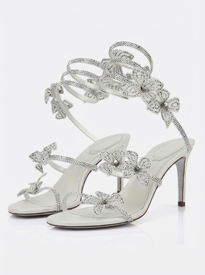 Kimberly Rhinestone Wrap Sandals in Silver