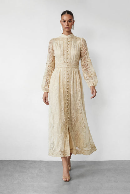 Women beige button maxi dress, front view