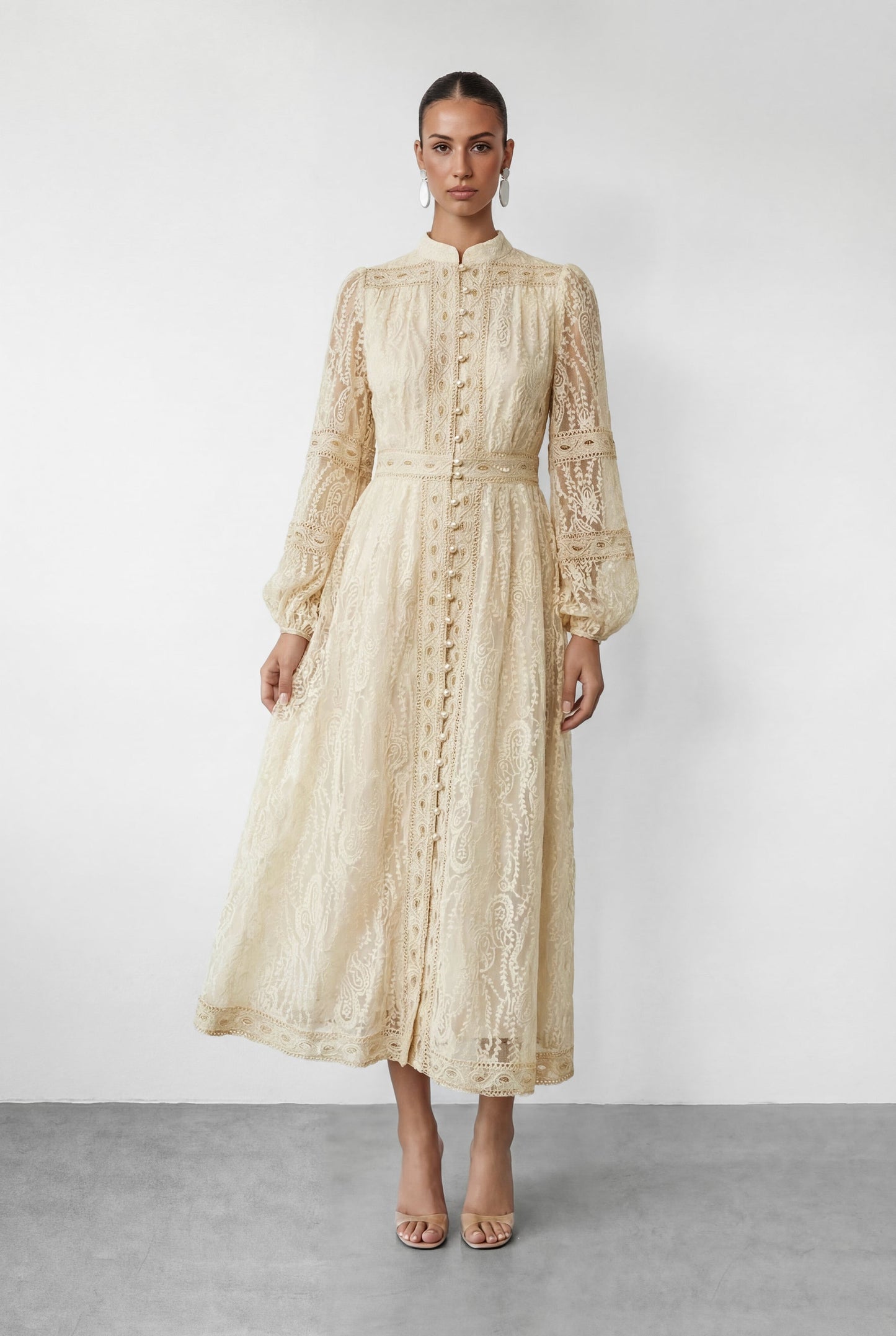 Women beige button maxi dress, back view