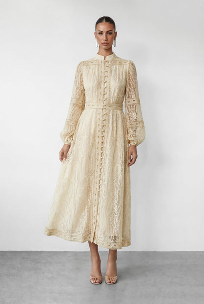 Women beige button maxi dress, back view