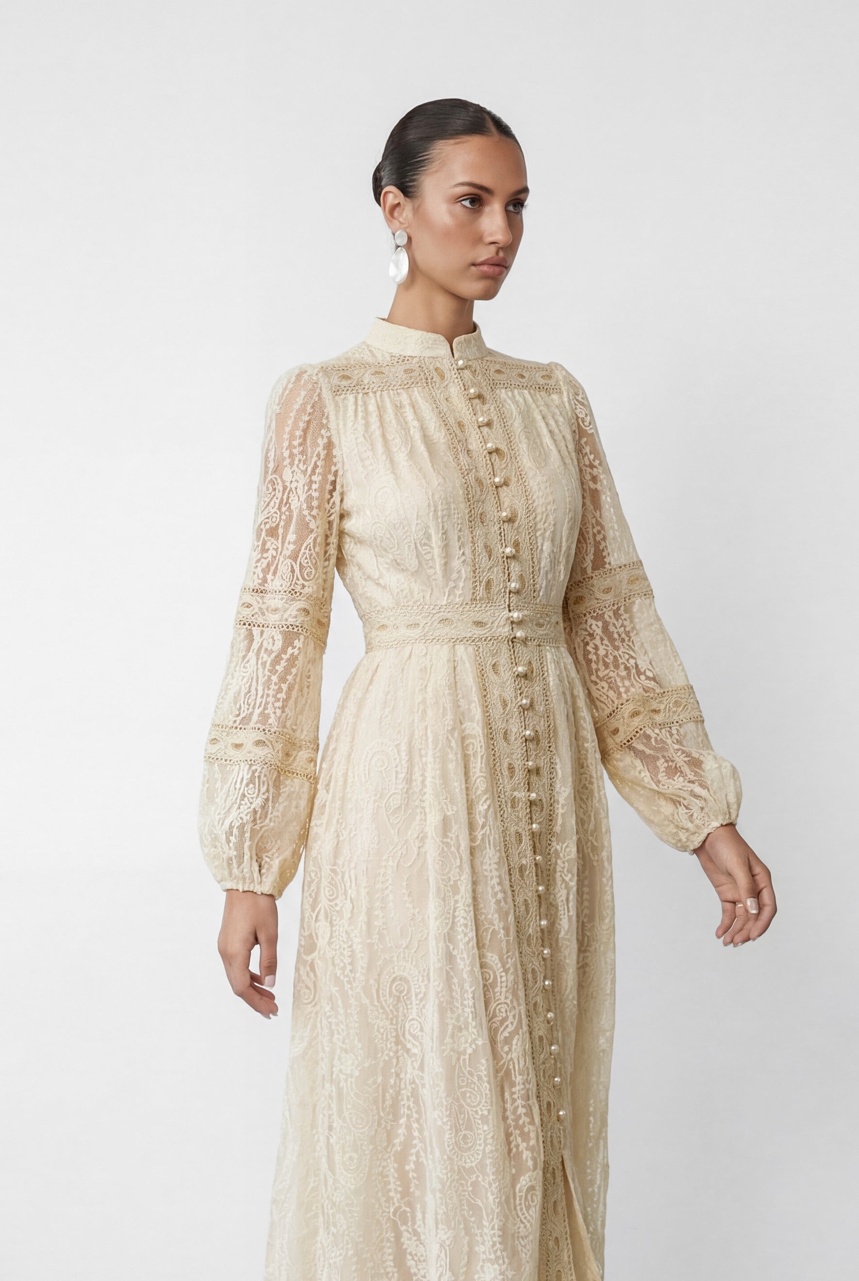 Women beige button maxi dress, front view