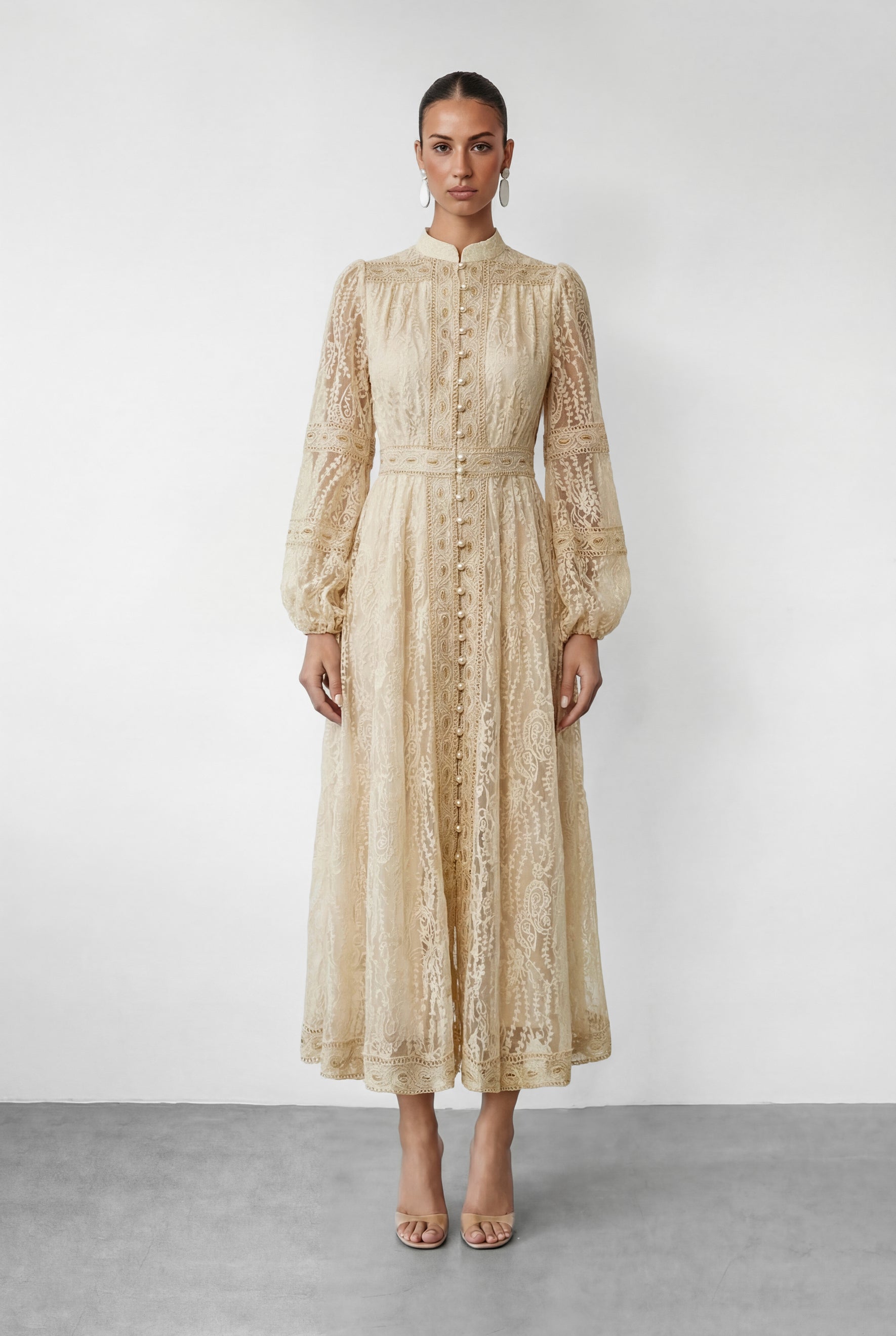 Women beige button maxi dress, front view