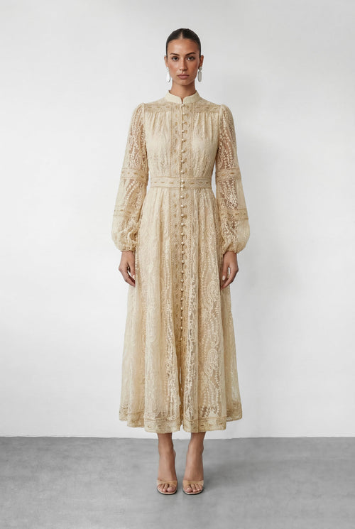Women beige button maxi dress, front view