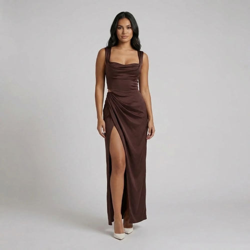 Brown ruched maxi dress with draped neckline and front side slit — front view showing elegant fit.