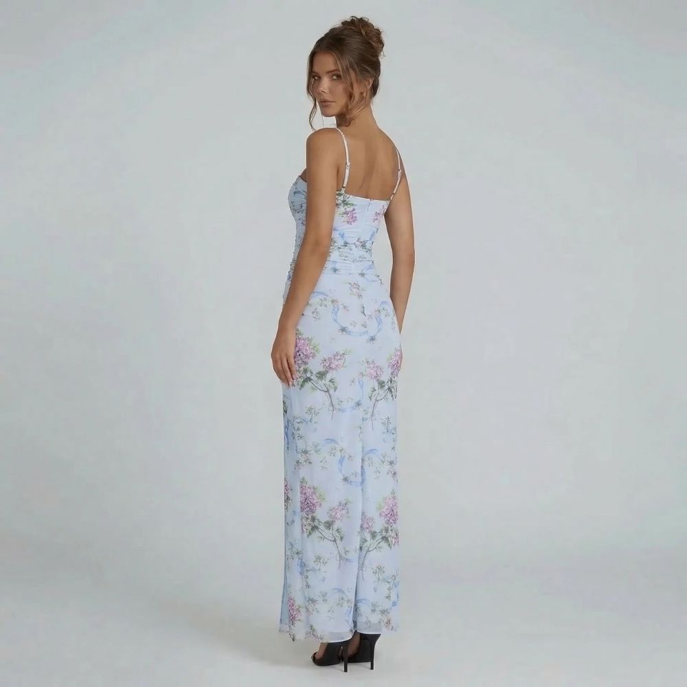 Sky blue floral bodycon maxi dress — back view with adjustable straps
