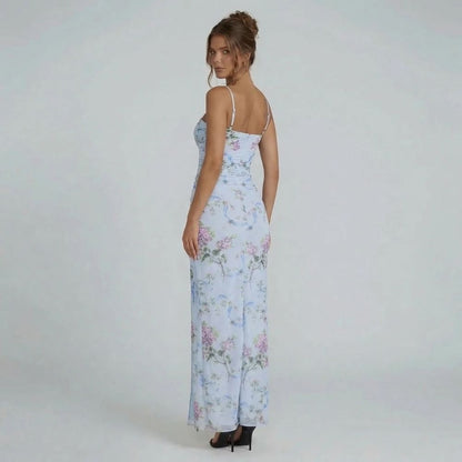 Sky blue floral bodycon maxi dress — back view with adjustable straps
