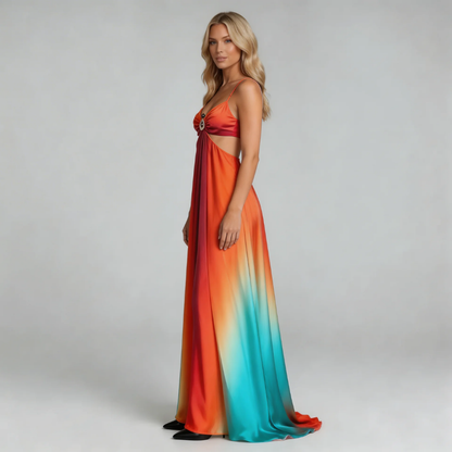 Ombre maxi dress with flowing skirt and vibrant gradient, side view highlighting movement