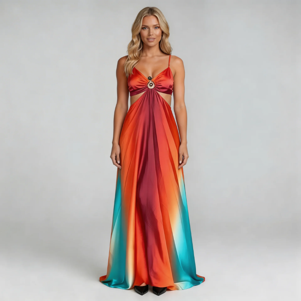 Ombre maxi dress with orange and turquoise gradient, ring-front cutout, front view