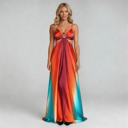 Ombre maxi dress with orange and turquoise gradient, ring-front cutout, front view