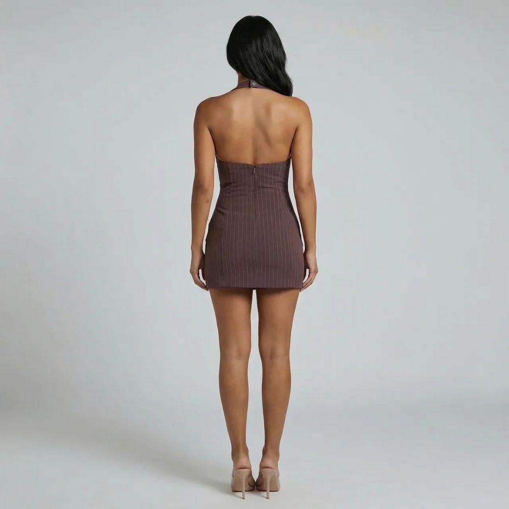 Brown pinstripe belted mini dress — back view showing zip closure and fitted silhouette
