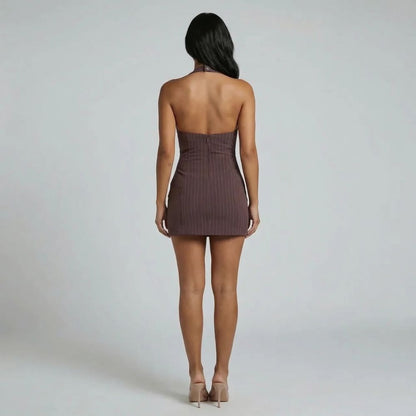 Brown pinstripe belted mini dress — back view showing zip closure and fitted silhouette
