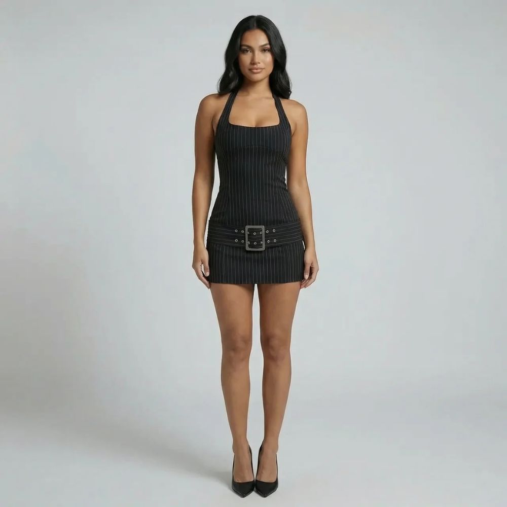 Black pinstripe belted mini dress — front view highlighting the belt and pinstripe design