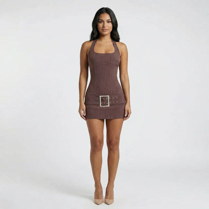 Brown pinstripe belted mini dress — front view with scooped neckline and eyelet belt detail