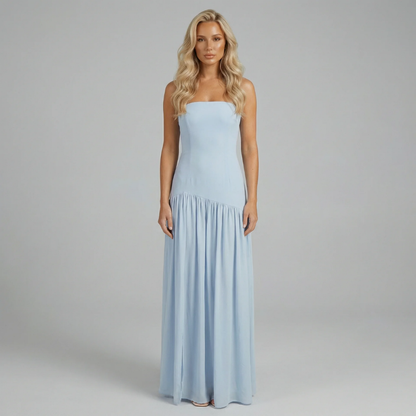 Light blue drop-waist maxi dress — front view showing bandeau neckline and gathered skirt