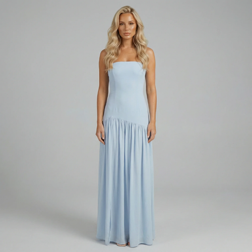 Light blue drop-waist maxi dress — front view showing bandeau neckline and gathered skirt