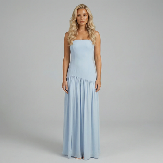 Light blue drop-waist maxi dress — front view showing bandeau neckline and gathered skirt
