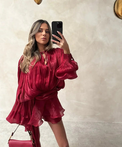 Lexi Ruffles Mini Dress in Beige