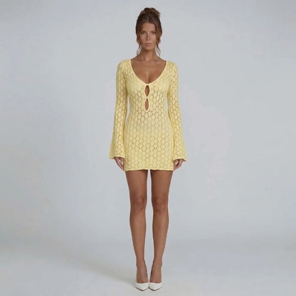 Yellow crochet mini dress with V-neckline and keyhole detail — front view.