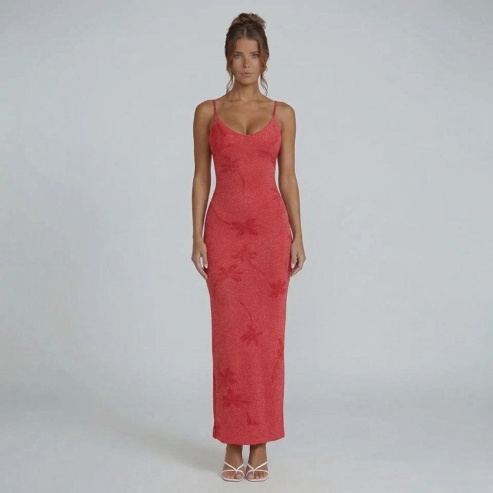 Red floral knit maxi dress with spaghetti straps — front view emphasizing the versatile feminine fit