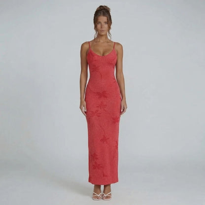 Red floral knit maxi dress with spaghetti straps — front view emphasizing the versatile feminine fit