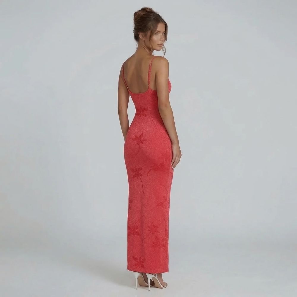 Red floral knit maxi dress — back view showcasing the low scoop back and lightweight floral fabric