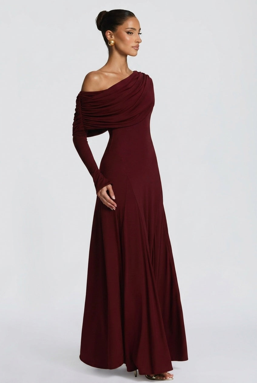 Women off-shoulder maxi dress, back view