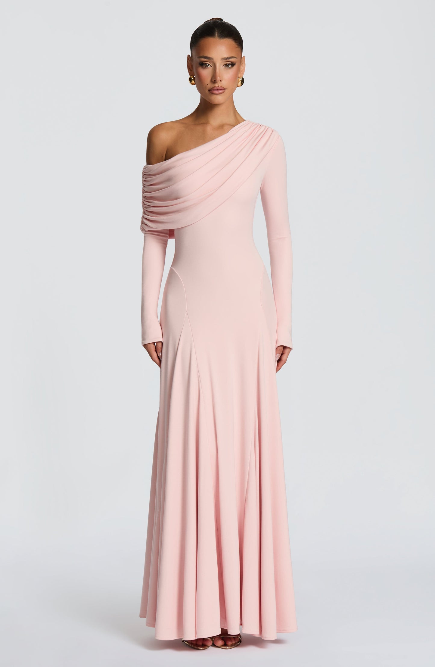 Women off-shoulder maxi dress, side view