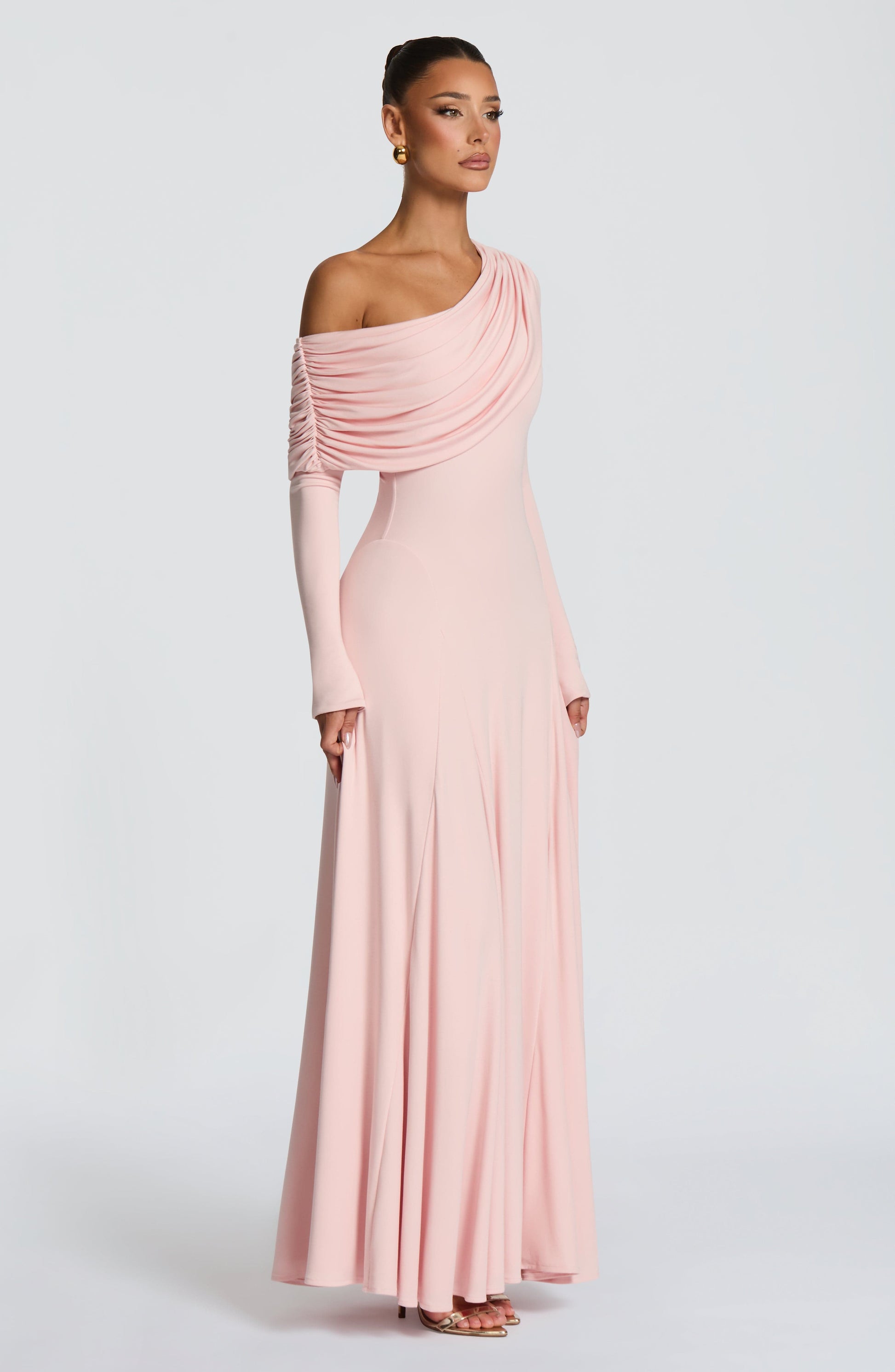 Women off-shoulder maxi dress, back view
