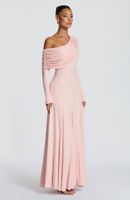 Women off-shoulder maxi dress, back view