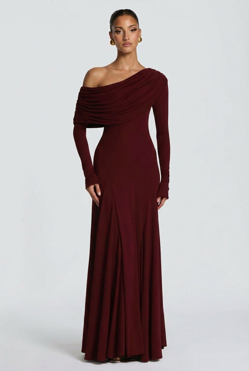 Women off-shoulder maxi dress, side view