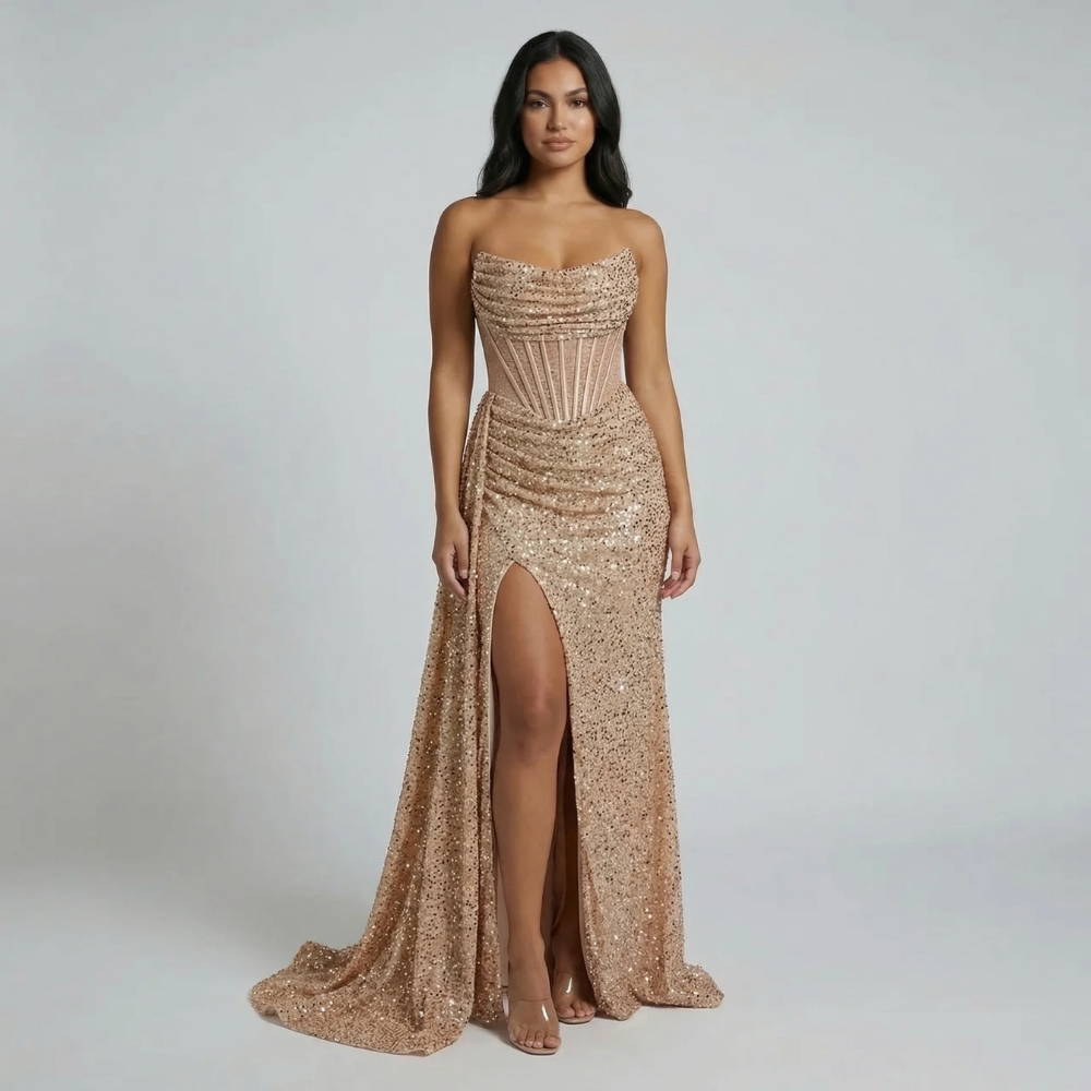 Beige sequin maxi dress with structured corset—front view highlighting shimmering texture.