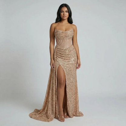 Beige sequin maxi dress with structured corset—front view highlighting shimmering texture.