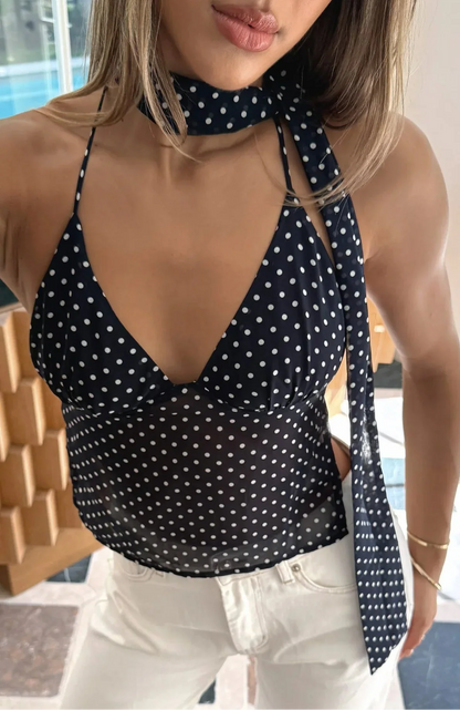 Lilly Sleeveless Polka-Dot Top in Brown