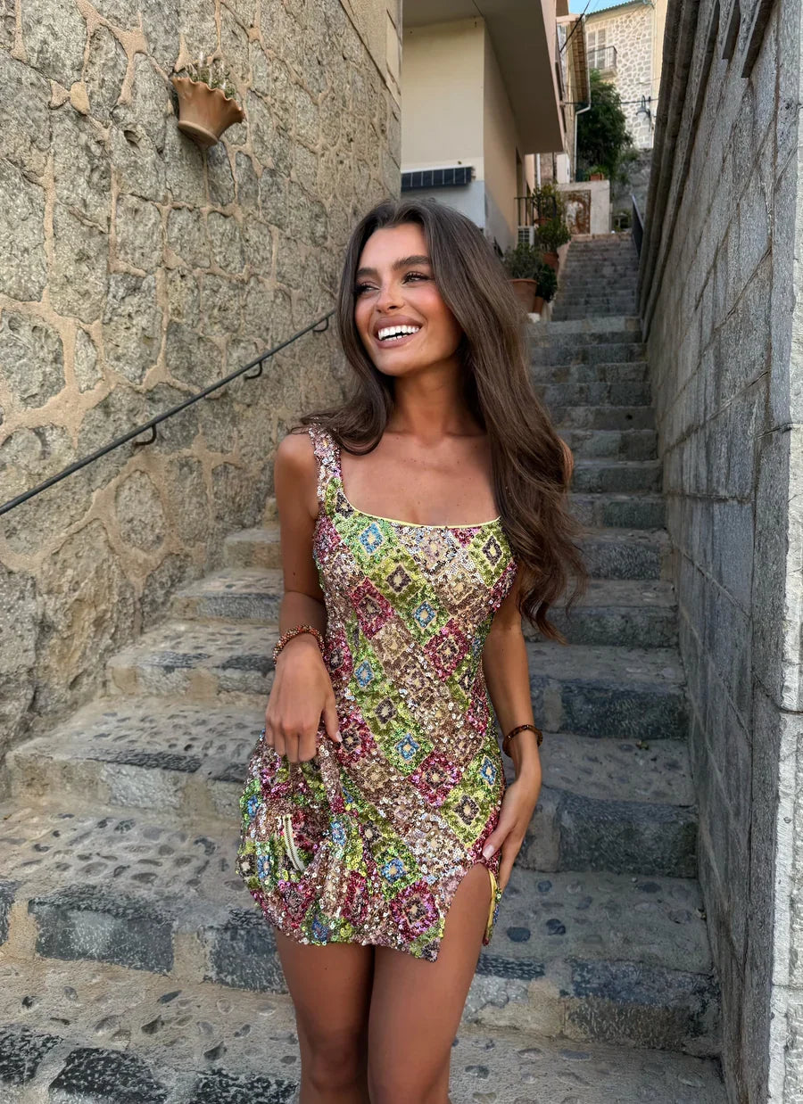 Lisa Sequin Mini Dress in Green