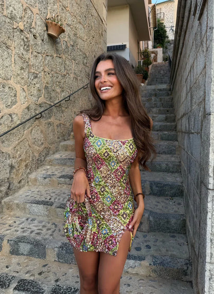 Lisa Sequin Mini Dress in Green